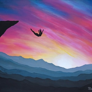Impressão de arte de fé, salto de fé, arte religiosa, impressão de arte de pôr do sol, arte colorida, impressão de arte profissional de salto de fé