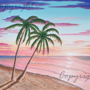 Beach Sunset Painting, Beach Seascape Painting, Palm Trees Painting, Sunset Art Deco, 16x20 inch Original Acrylic Sescape Sunset Painting