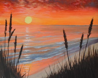 Cuadro de puesta de sol sobre el océano, 8x10 pulgadas – Paisaje original en acrílico sobre lienzo de calidad de archivo – Arte costero – Decoración vibrante de puesta de sol – Regalo pintado a mano