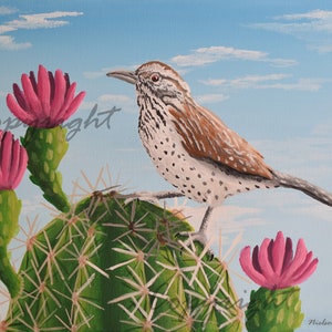 Carte de vœux Cactus Wren, Arizona, Cactus et Desert Art Print, carte de vœux vierge pliée de 5x7 pouces avec enveloppe