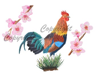 Bird Art Print, Chicken Art, Flower Art, Delaware State Bird, Blue Hen Chicken, State Flower, Peach Blossom, Fine Art Giclee Print