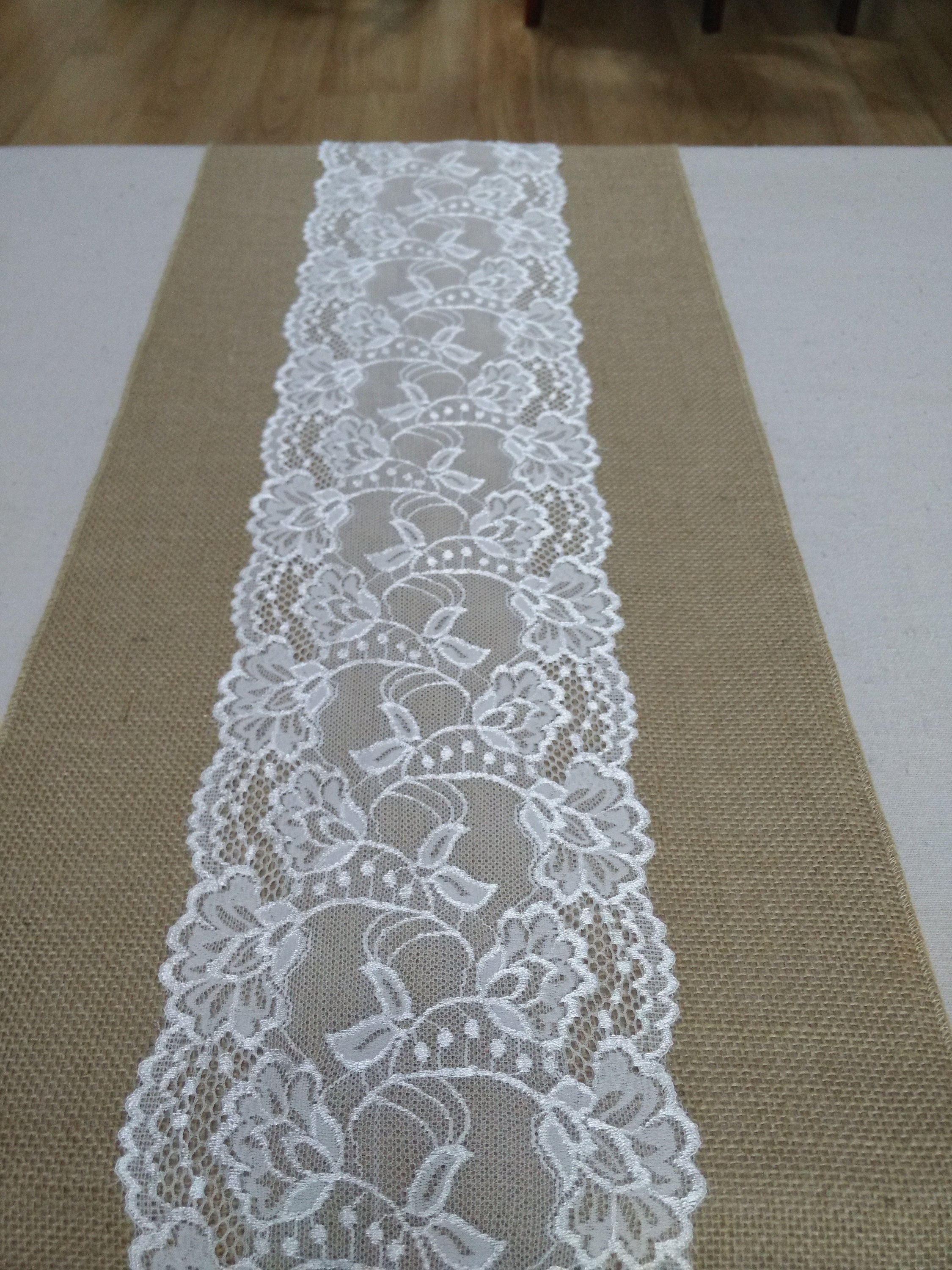 FRINZA Tischläufer Braun-weiß - Gestickte Spitze Leinen 50x240cm