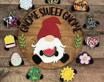 Gnome Interchangable Sign, Door Hanger, Home Decor, Gnome Sign, Gnome Sweet Gnome, Seasonal Decor, Gifts For Her, Housewarming Gift