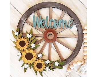 Welcome Wagon Wheel with Sunflowers Sign, Home Decor Sign, Sunflower Sign Decor, Door Hanger, Fall Decor, Farmhouse, Wreath