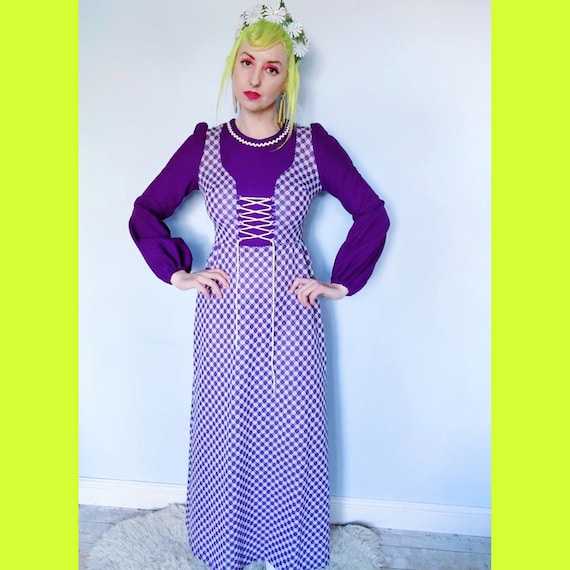 Balloon / puff sleeved 70s hippy maxi dress , purp