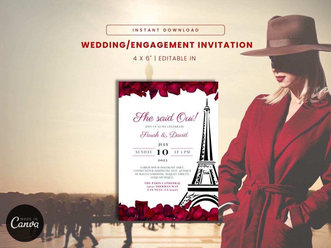 Eiffel Tower Invitation Black and Red Bridal Shower Engaged Etsy