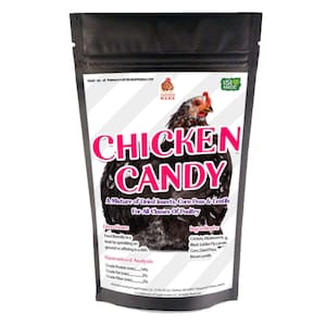 May include: A black resealable bag with a white label that says "Chicken Candy" in pink letters. The label also says "A Mixture of Dried Insects, Corn Peas & Lentils For All Classes Of Poultry". The bag has a picture of a black chicken on the front.