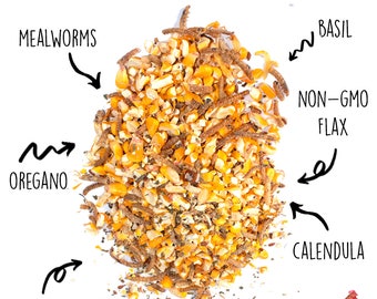 May include: A close-up of a pile of chicken feed ingredients, including non-GMO corn, mealworms, flax, calendula, oregano, and basil. The ingredients are labeled with handwritten text.