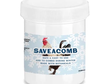 May include: A white plastic jar with a white lid. The label features a rooster illustration and the text "SAVEACOMB". The label also includes the text "SAFE & EASY TO USE" and "ADD TO COMBS DURING WINTER MADE WITH BOTANICALS".