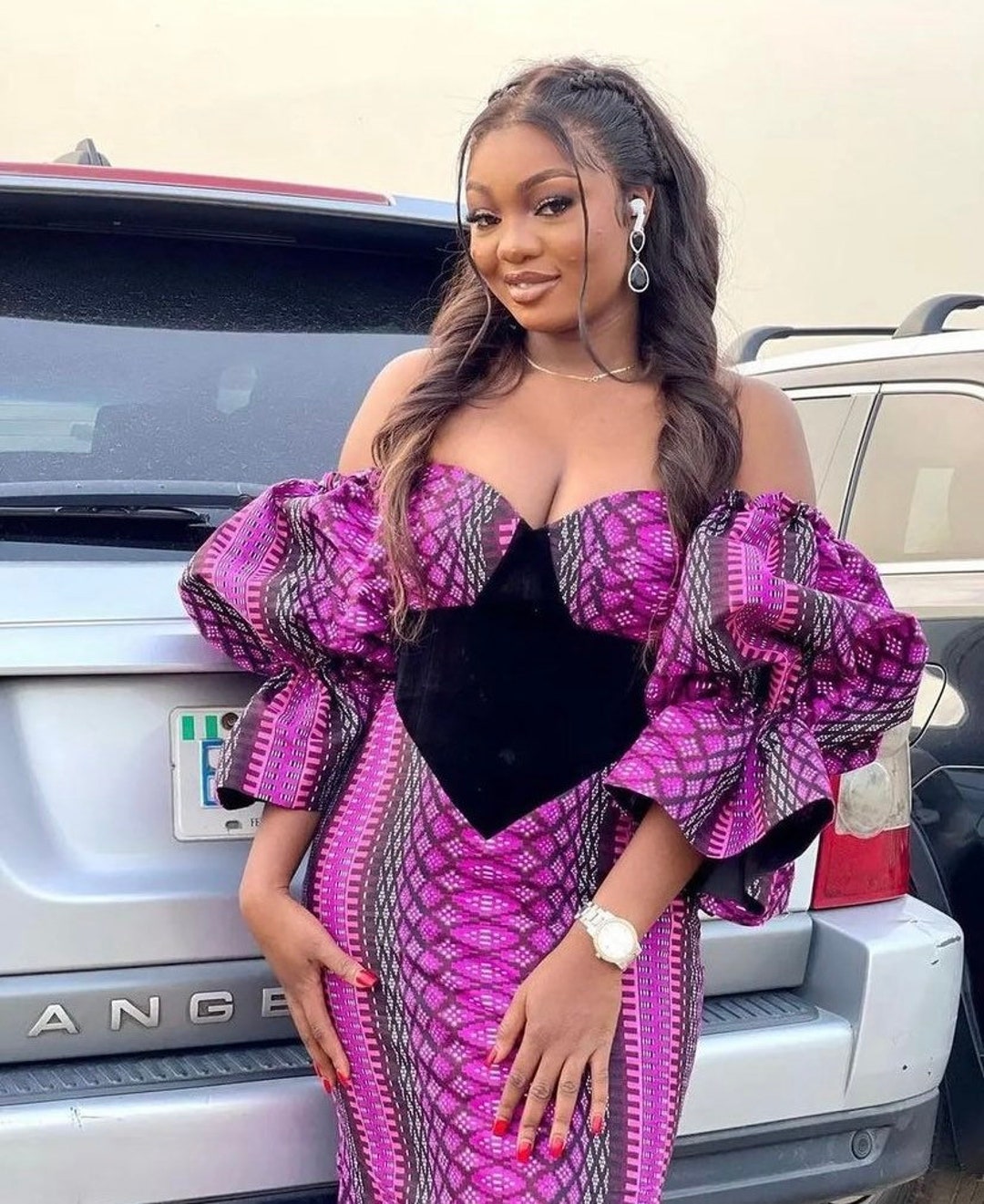 Trendy Puff off the Shoulder Dress. Elegant Ankara Corset Dress