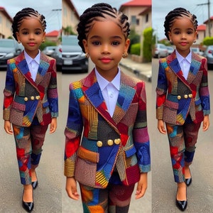 Bespoke Tailored African Print Suit Pants Set for Little Girls, Ankara Jacket and Pants Set for Kids