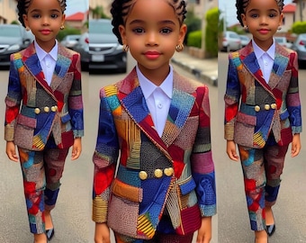 Bespoke Tailored African Print Suit Pants Set for Little Girls, Ankara Jacket and Pants Set for Kids