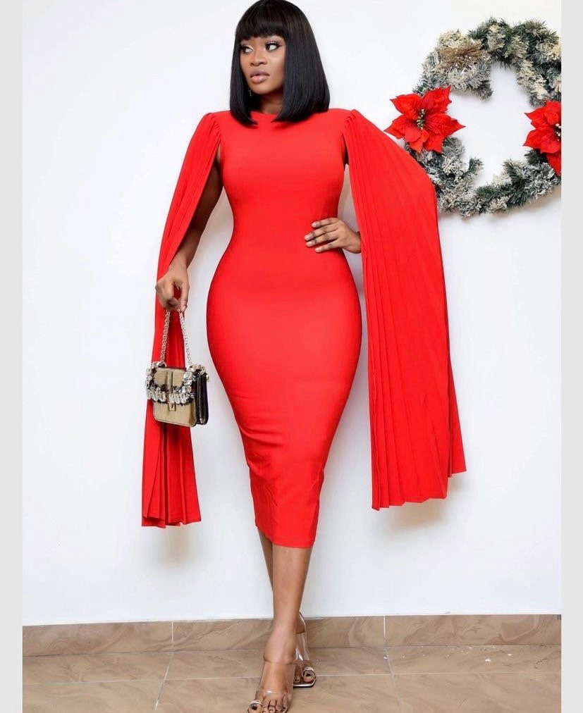 Red Midi Cape Dress Slim Fit Classy Cape Dress MIDI Dresses for