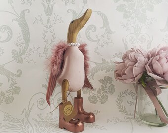 Handpainted Wooden Duck - Pink Angel Wings & Metallic Boots