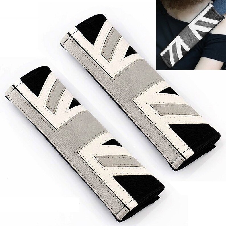 X2 Union Jack Flag Grey Design Car Seat Belt Covers Pu Leather Soft Cushion Pads Mini Cooper Jaguar Great Britain Uk