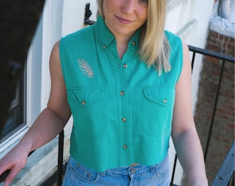 Palm Springs Hand Embroidered Vintage Green Denim Cropped Tank / Womens Size Medium