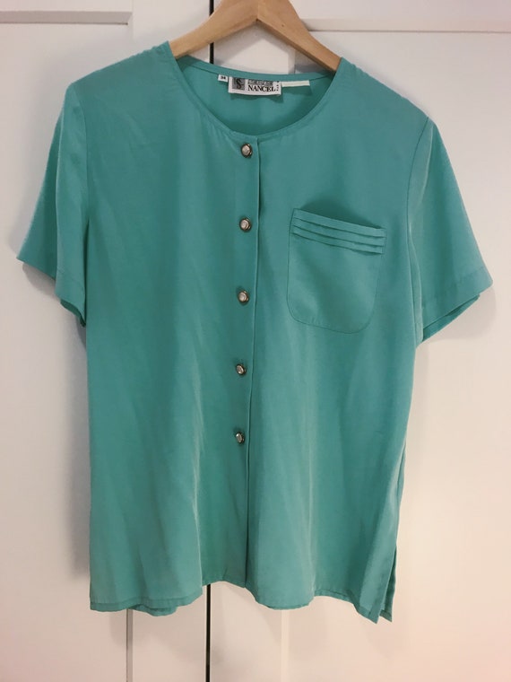 Vintage 80s Short Sleeved Mint Green Blouse / Wom… - image 4