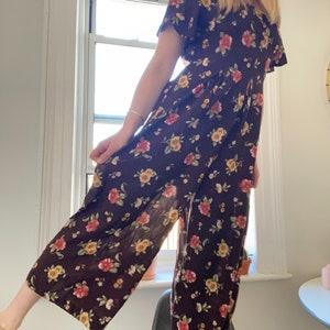 Vintage 1990s Brown Floral Flutter Sleeve Wide Leg Jumpsuit / Size Medium