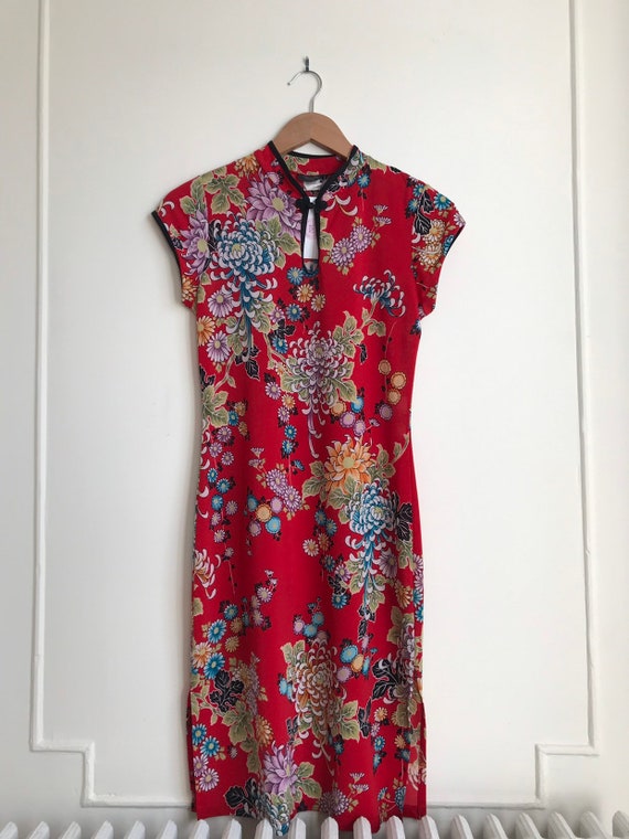 Vintage Red Floral Print Kimono Style Dress / Size