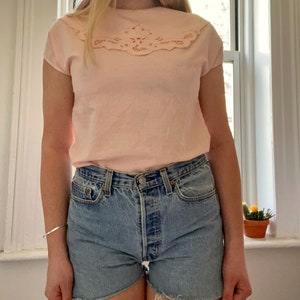 Vintage Pink Cotton Embroidered Lace Top / Size small