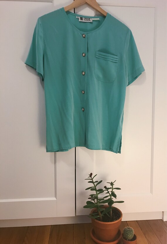 Vintage 80s Short Sleeved Mint Green Blouse / Wom… - image 5