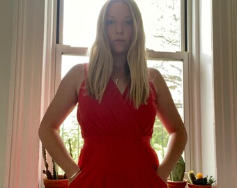 Vintage Red Cotton Button Wrap Front Jumpsuit / Size Small / Vintage Boiler Suit 80s