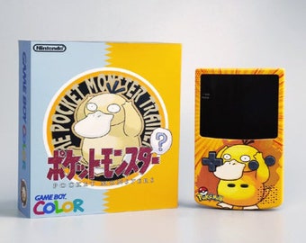 NUEVO Psyduck Themed GBC con Q5 Light up Logo IPS Screen Mod w / Box!