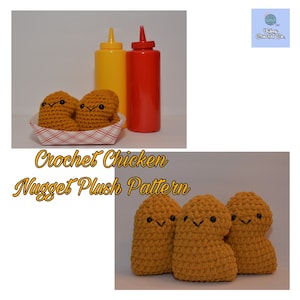 Puede incluir: Imagen de un patrón de peluche de nugget de pollo de ganchillo. La imagen presenta tres pepitas de peluche, una botella exprimible roja y amarilla y una pequeña bandeja de papel. El texto "Crochet Chicken Nugget Plush Pattern" también está en la imagen.