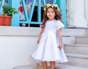 White Satin Baby Dress: Handmade Flower Girl Princess Gown