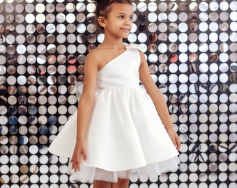 Ivory Satin Flower Girl Dress: One-Shoulder Princess Gown