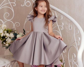 Vestido de niña de flor de satén, Vestido de niña de flores, Vestido de niña de flor gris, Vestido de bebé de satén, Vestido de niña de flores, Vestido de niña gris, Vestido de comunión