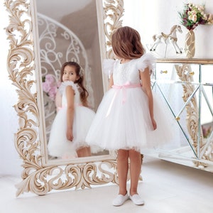 Robe de fille de fleur, robe de fille de fleur de Tutu, robe de chéri de satin, robe blanche d’anniversaire, robe de fille 1st anniversaire, robe de demoiselle d’honneur, robe de kid