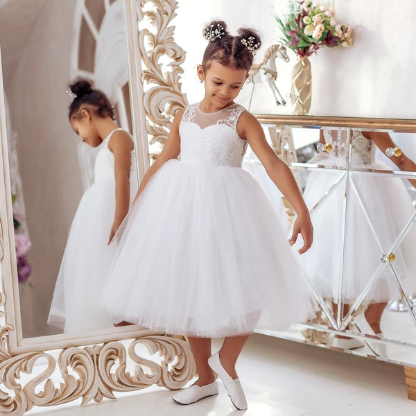 Vestido de niña de las flores de encaje: vestido de tul blanco con tutú
