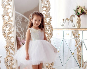 White Sequin Tutu Flower Girl Dress: Tulle Wedding Baby Dress