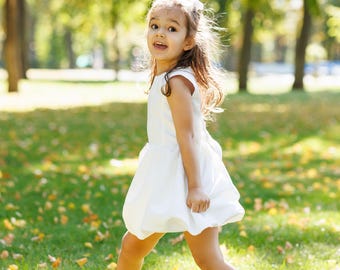 White Satin Flower Girl Dress | Elegant Toddler Dress for Wedding, Birthday, or Photoshoot | Handmade Girls Formal Dress with Full Skirt