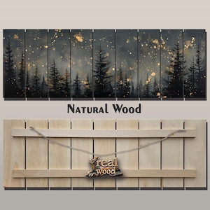 Arte mural de madera: Impresión de un bosque de pinos por la noche, arte mural de fantasía con bosque, pintura de cielo estrellado, decoración de pared para dormitorio, decoración de madera natural