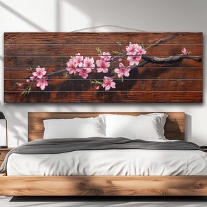 Wood Wall Art - Sakura Branch in Bloom Painting Printed on Natural Wood, Japanese Cherry Blossom Print, Japanese Wall Art, Japanese Decor