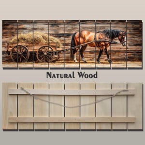 Holzwandkunst - Pferd zieht Holzwagen mit Heu auf Naturholz, Hüttenwanddekoration, Bauernhauswandkunst, rustikale Landhausdekoration