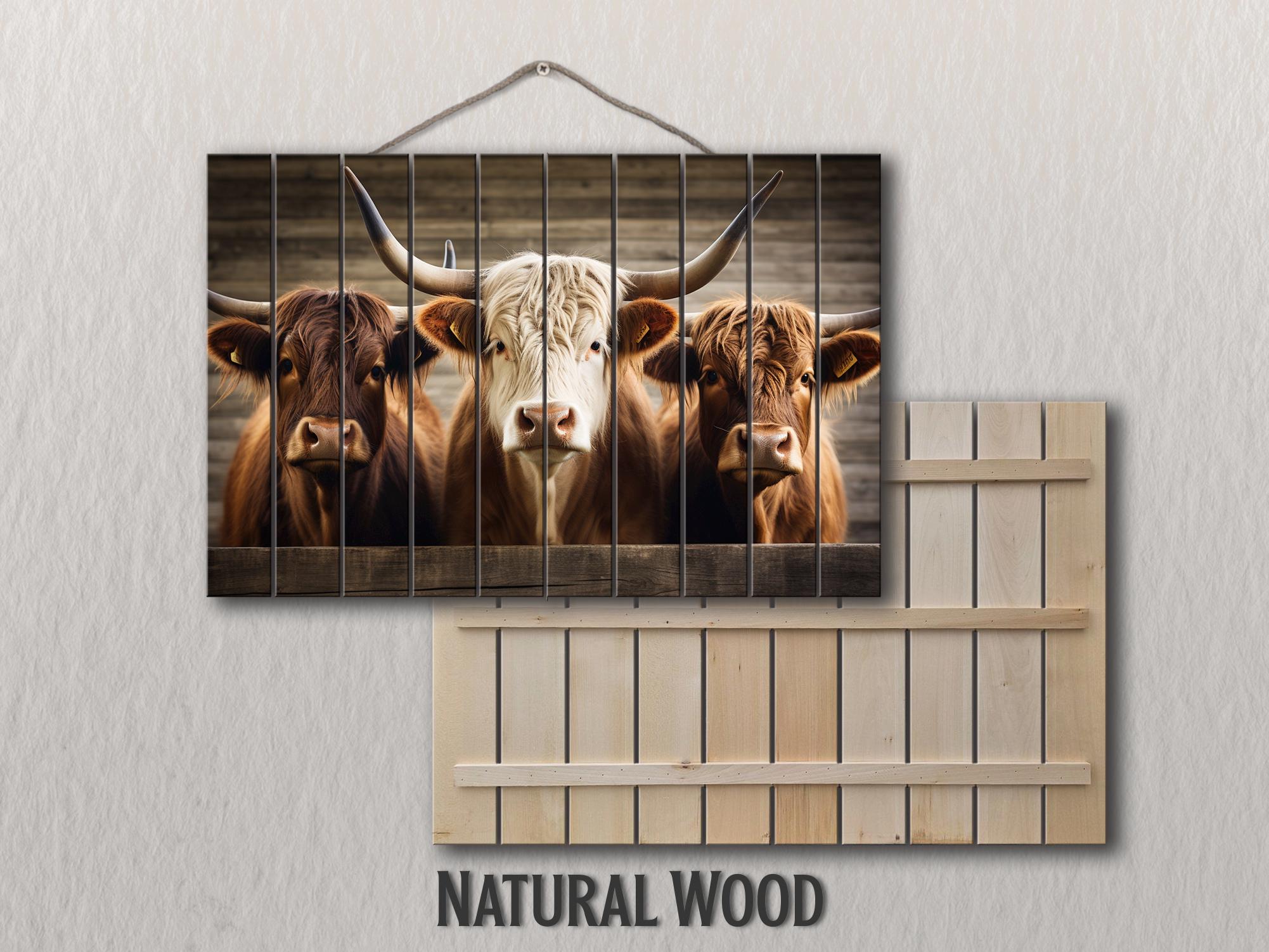 Houten muurkunst - Highland Cows schilderij gedrukt op echt hout, boerderij muur decor, rustieke koeien print, boerderij muur decor, koe houten muur kunst