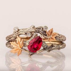Natürlicher Zweig Ring Roter Saphir Vintage Sterling Silber Zweig Ring, Ahornblatt Blatt,Natur-inspirierter Schmuck Verlobung,Geburtstagsgeschenk