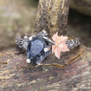 Natürlicher Zweig Ring Schwarz Moosachat Vintage Sterling Silber Zweig Ring, Ahornblatt Blatt, Natur-inspirierter Schmuck Verlobung, Jubiläumsgeschenk