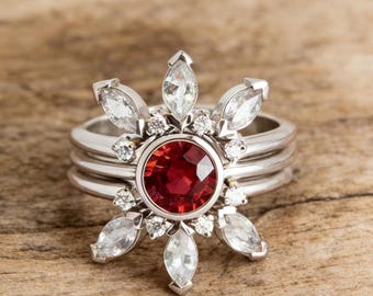 Unique Solid Silver Sun Ring Set,Sapphire Ring set, Boho engagement rings,Nature-Inspired Jewelry Engagement Ring Set,Anniversary Gift