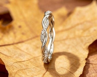 Twisted Pave Diamond Band, Intertwined Silver Ring for Women, Dainty Stackable Promise Ring