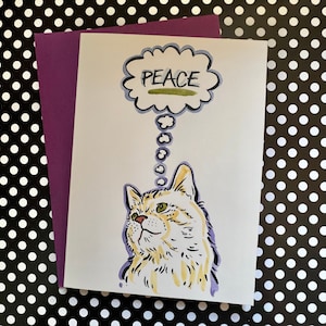 Gedachten van VREDE. Verstuur vredeswensen tijdens deze feestdagen met een handgekleurde kaart en origineel kattenkunstwerk.