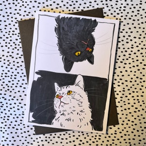 手描きの白黒猫が、この手彩色のグリーティング カードであなたへのメッセージをお届けします。オリジナルの猫のアートワーク。