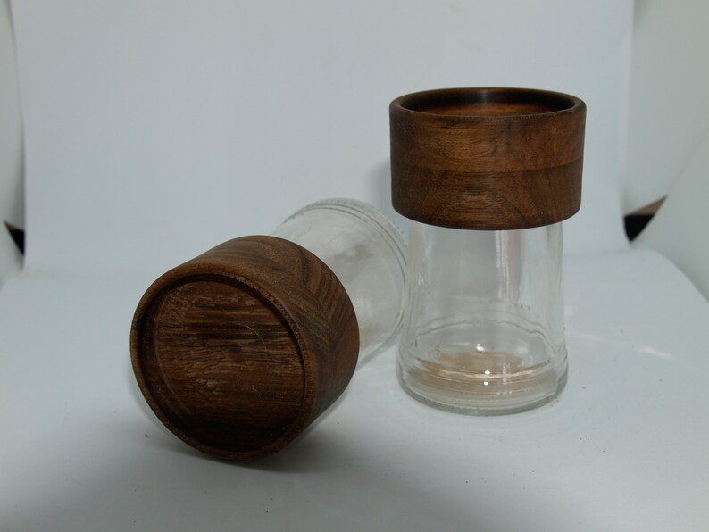 Glass Jars With Hand Made Wooden Lids. All Made of Recycled Wood and