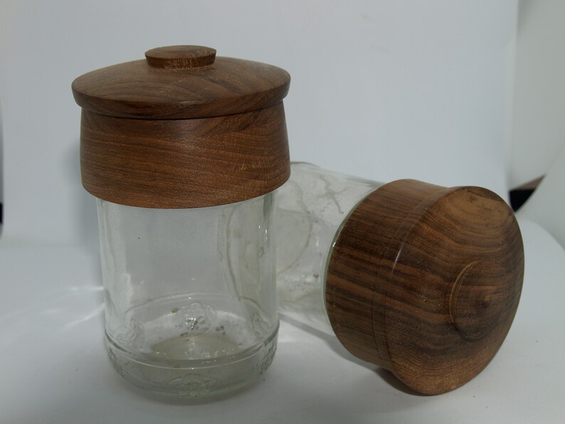 Glass Jars With Hand Made Wooden Lids. All Made of Recycled Wood and