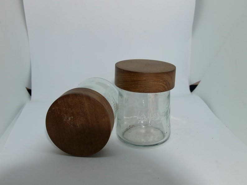 Glass Jars With Hand Made Wooden Lids. All Made of Recycled Wood and