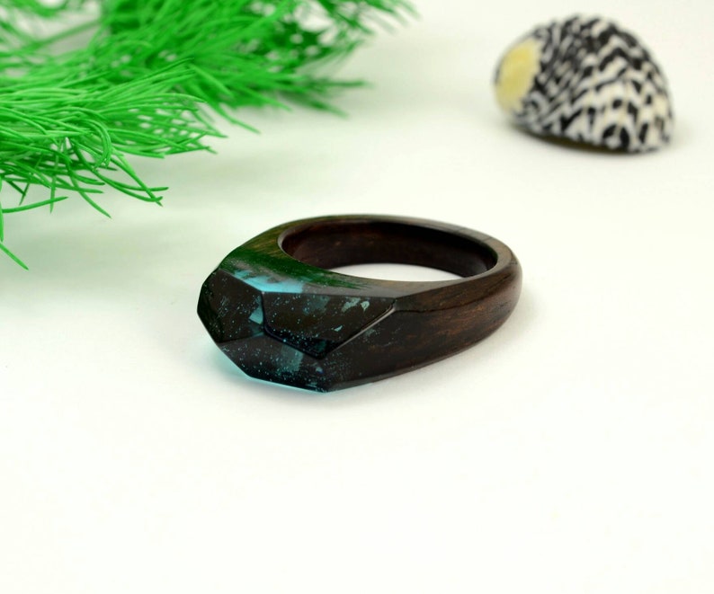 Wood jewelry Women wood rings Blue resin ring Blue crystal ring gift for her to order any size Mountain resin Ring Black wood ring