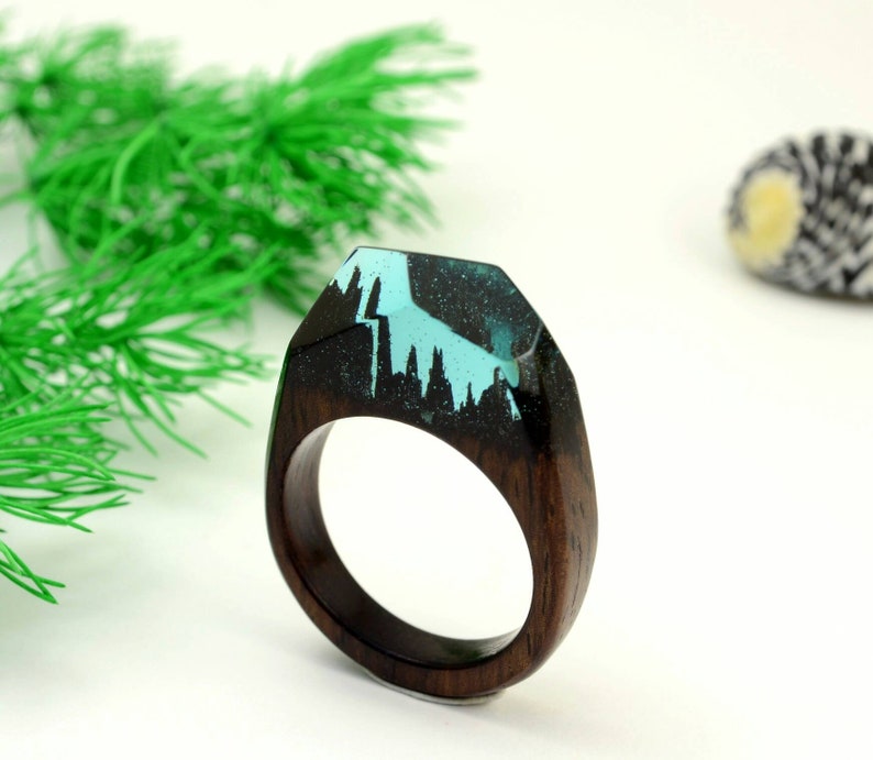 Wood jewelry Women wood rings Blue resin ring Blue crystal ring gift for her to order any size Mountain resin Ring Black wood ring